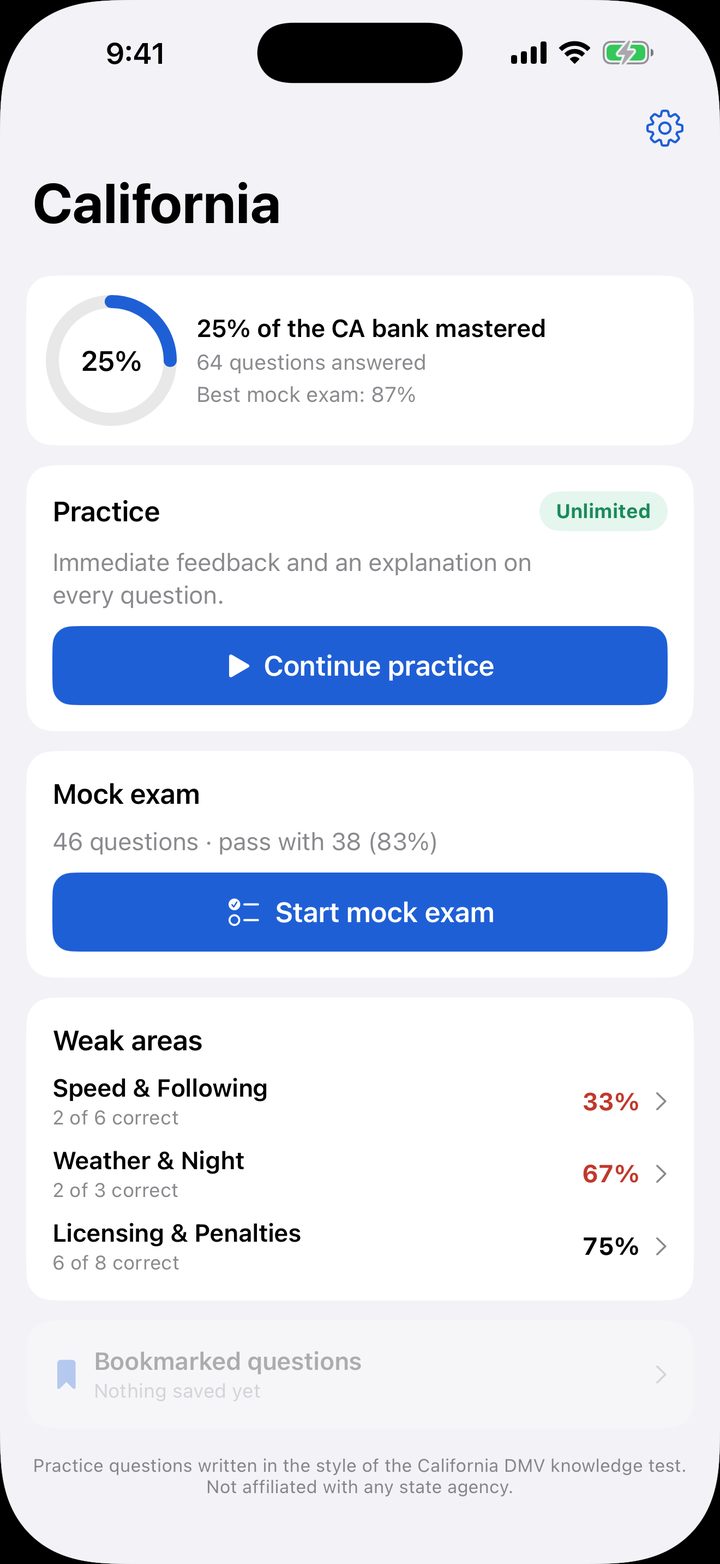 The DriveDrill home screen for California, showing 25% of the question bank mastered and a mock exam of 46 questions needing 38 to pass.
